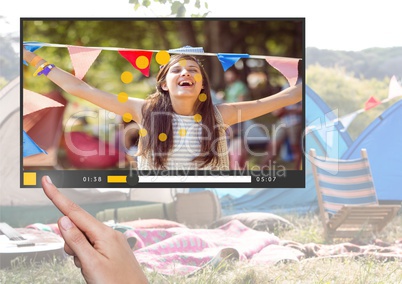 Hand touching Camping festival fun video player App Interface