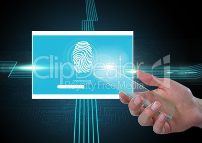 Hand holding glass screen and Identity Verify fingerprint App Interface