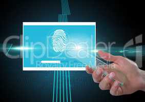 Hand holding glass screen and Identity Verify fingerprint App Interface
