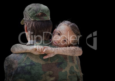 Back of soldier with daughter against black background with grunge overlay