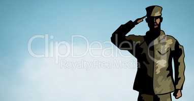 Cartoon soldier saluting against blue sky with cloud
