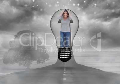 Irritated woman in light bulb over road