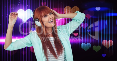 Happy female listening songs on headphones with heart shapes in background