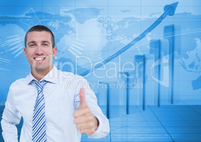Businessman showing thumbs up against graph