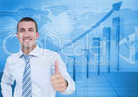 Businessman showing thumbs up against graph