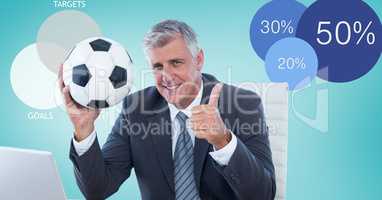 Businessman holding soccer ball while showing thumbs up