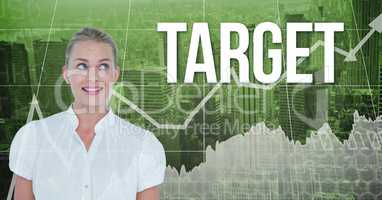 Smiling woman looking at target text