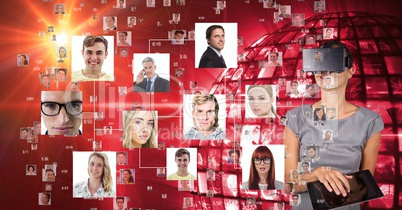 Businesswoman wearing VR glasses by portraits