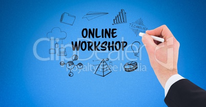 Businessman's hand drawing online workshop icons on blue background