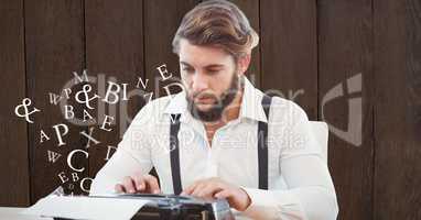 Hipster using typewriter by flying letters