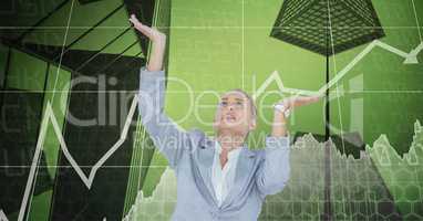 Stressed businesswoman with arms raised with graph in background