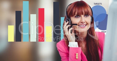 Redhead woman using headphones with graph in background