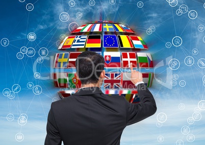 panel with flags on a ball and business man doing something on it