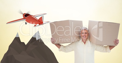 Delivery man carrying boxes by low poly mountains and plane