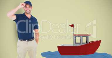 Delivery man wearing cap by 3d boat