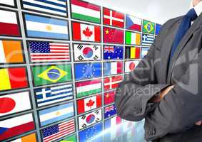 panel with flags business man hand folded
