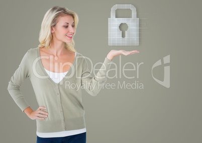 Woman with white lock graphic against grey brown backround