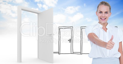 Smiling woman showing thumbs up against real and drawn doors