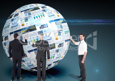 panels with websites in a ball and three business men doing things on that