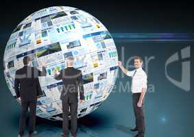panels with websites in a ball and three business men doing things on that