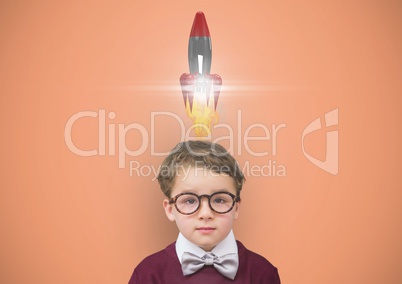Little boy wearing eyeglasses with rocket over head