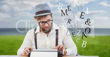 Hipster using typewriter while letters flying