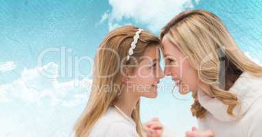 Mother and daughter with white graphic against grey background