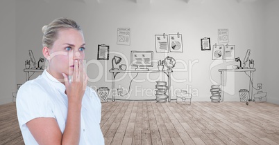 Shocked businesswoman against graphics on wall