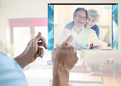 Hand touching glass screen and Social Video Chat App Interface