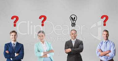 Male and female business people with graphics over head