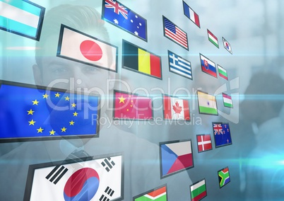 panel with flags and young business man back