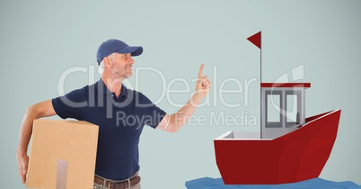 Delivery man holding parcel while pointing at boat