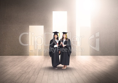 Students in academic dresses standing against doorways