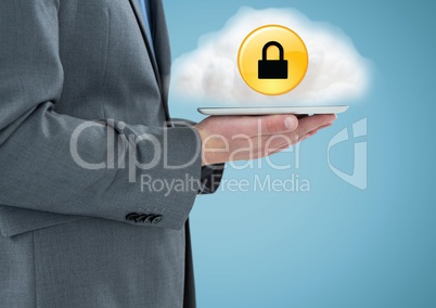 Business man mid section with tablet and cloud with yellow lock icon