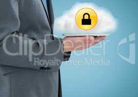 Business man mid section with tablet and cloud with yellow lock icon