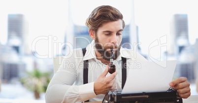 Hippie businessman smoking pipe while using typewriter
