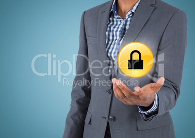 Business man mid section with yellow lock graphic and flare in hand against blue background