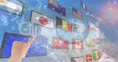 panel with flags, earth eye background and hand fingering one flag