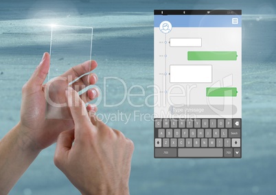 Hand Touching Glass Screen and Social Media Messenger App Interface