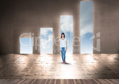 Young woman standing against bar graph shape doorways