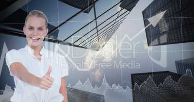 Businesswoman showing thumbs up against graph and buildings
