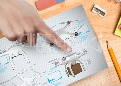 Hand pointing at a Drone DIY drawings plans