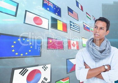 panel with flags and building back with young business men hand folded