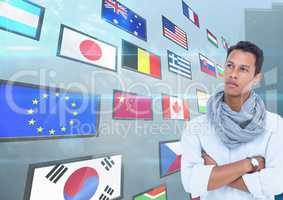 panel with flags and building back with young business men hand folded