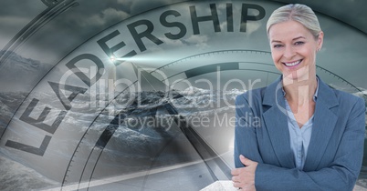 Smiling businesswoman against leadership clock