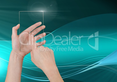 Hand Touching Glass Screen with abstract waves and curves