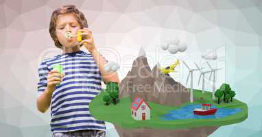 Boy blowing soap bubbles by low poly earth