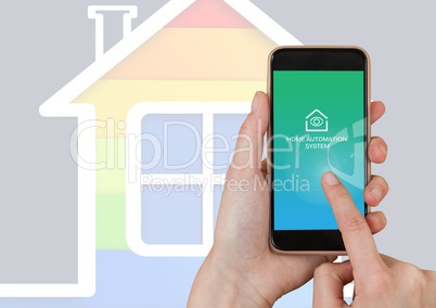 Hand touching mobile ohone with Home automation system App Interface