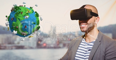 Smiling man looking at low poly on VR glasses