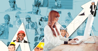 Businesswoman using computer against graph with portraits